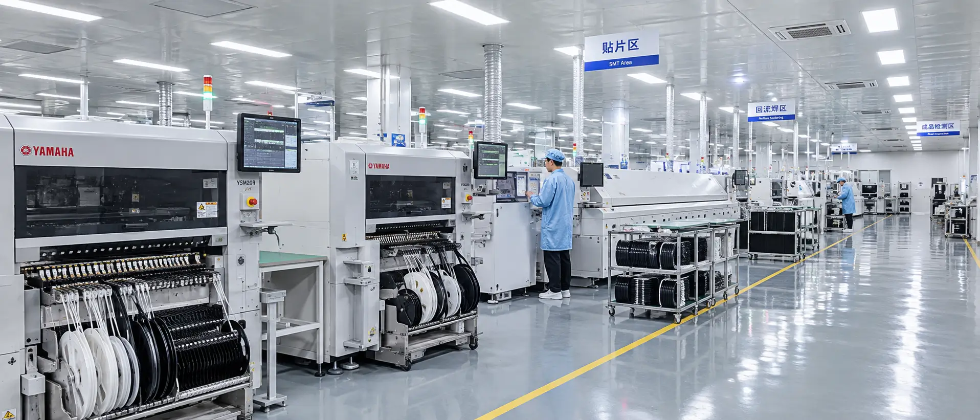 LED strip reels and production workstations at the ZBL Lighting factory